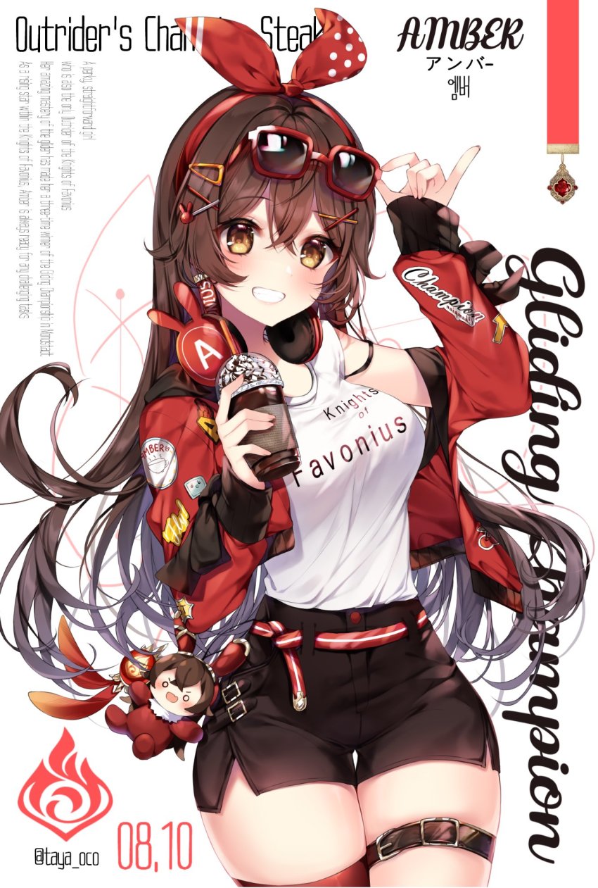 1girl, :d, adjusting_eyewear, alternate_costume, amber_(genshin_impact), artist_name, asymmetrical_legwear, baron_bunny_(genshin_impact), belt, breasts, brown_eyes, brown_hair, character_name, chocolate, coffee, cup, drinking_straw, earrings, english_text, eyewear_on_head, genshin_impact, hair_between_eyes, hair_ornament, hair_ribbon, hairclip, headband, headphones, headphones_around_neck, highres, holding, holding_cup, iced_coffee, jacket, jewelry, long_hair, long_sleeves, looking_at_viewer, medium_breasts, off_shoulder, open_mouth, rabbit, red_ribbon, ribbon, ribbon_earrings, shirt, shirt_tucked_in, short_shorts, shorts, shoulder_slip, skindentation, smile, solo, sunglasses, t-shirt, taya_oco, text_focus, thigh_strap, twitter_username, uneven_legwear, upper_body, vision_(genshin_impact), whipped_cream, x_hair_ornament