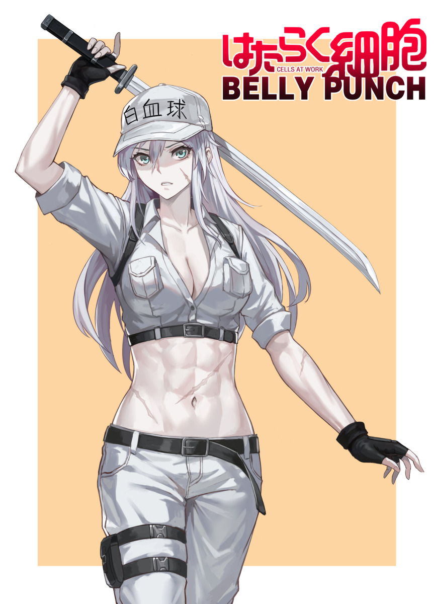 1girl, abs, baseball_cap, belt, black_belt, black_gloves, breast_pocket, colored_skin