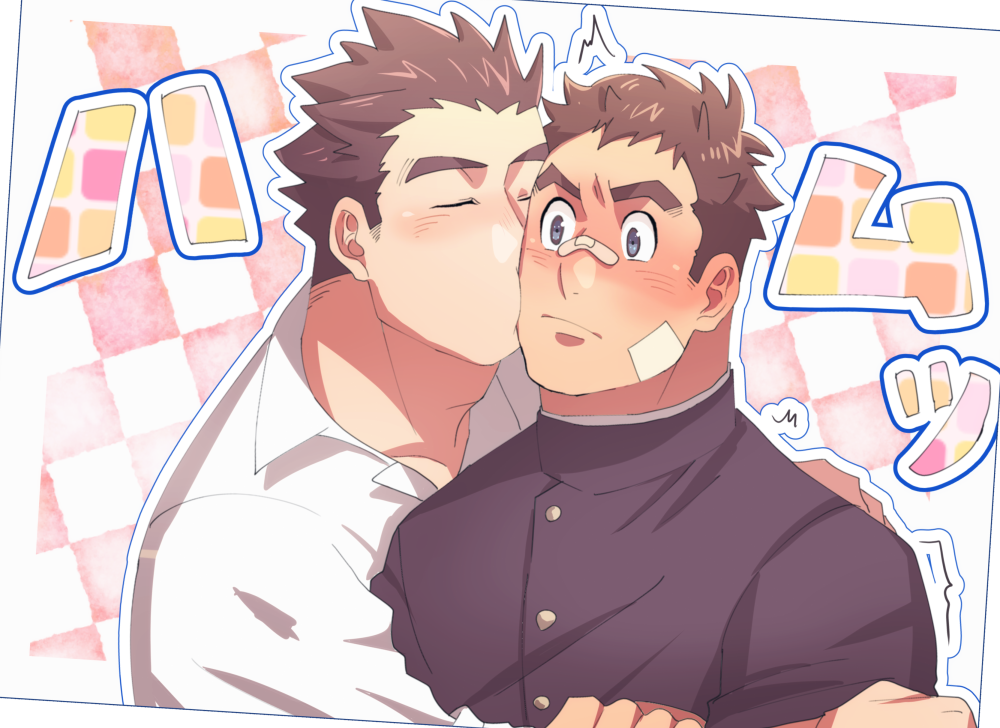 2boys, bandaid, bandaid_on_cheek, bandaid_on_face, bandaid_on_nose, blue_eyes, blush, brown_eyes