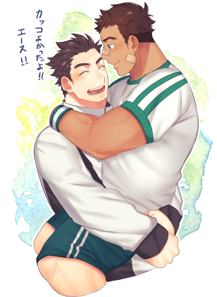 2boys, bandaid, bandaid_on_cheek, bandaid_on_face, bandaid_on_nose, bara, blue_eyes, blush