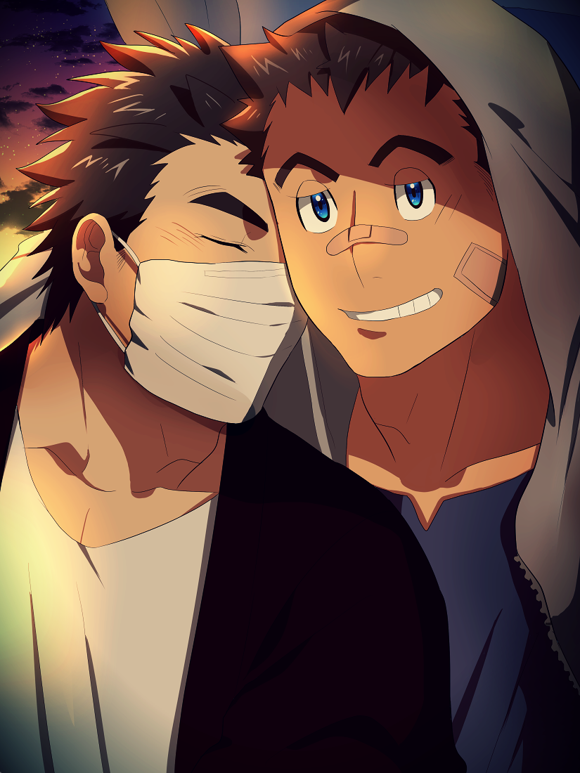 2boys, bandaid, bandaid_on_cheek, bandaid_on_face, bandaid_on_nose, bara, blue_eyes, blush