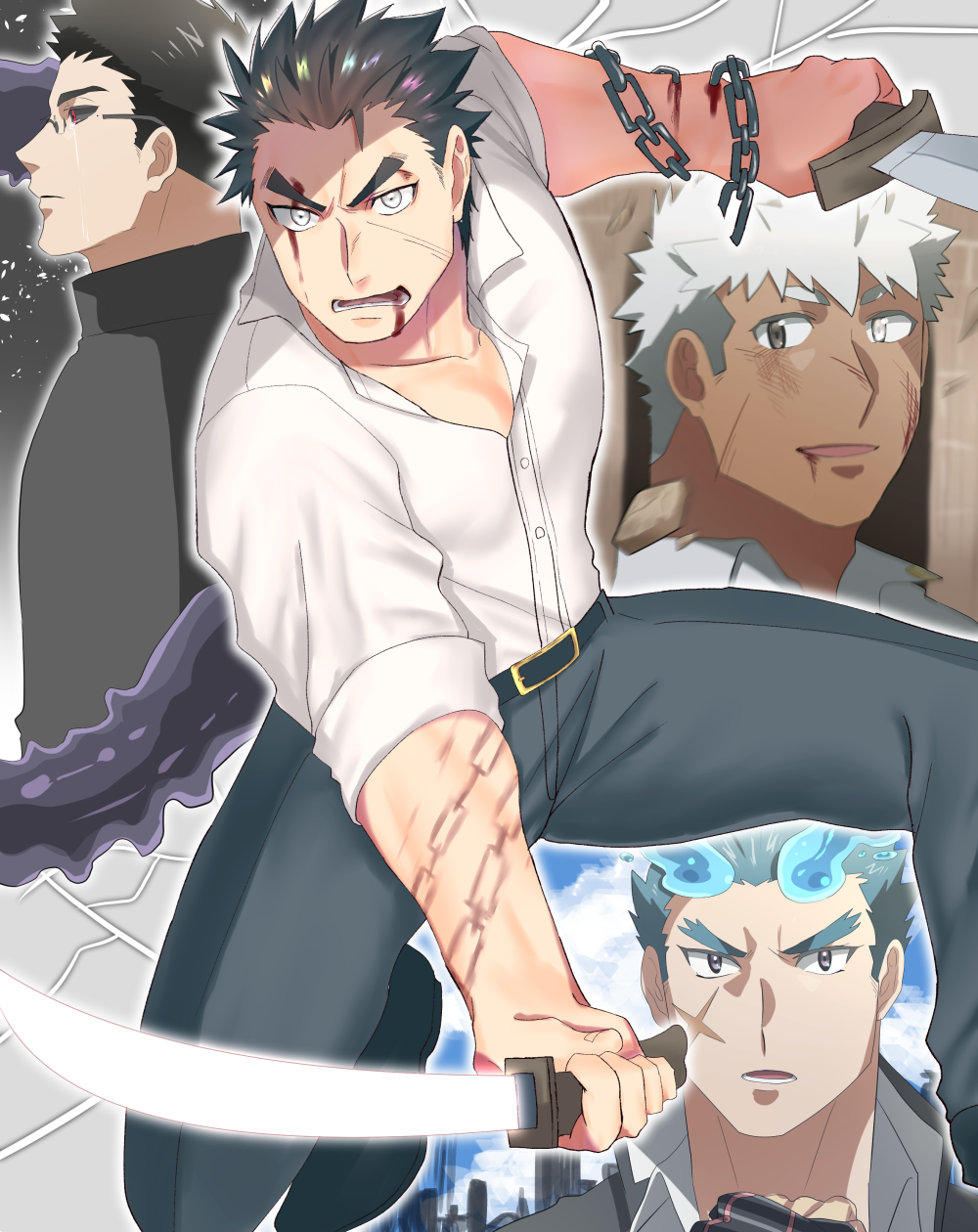 4boys, bara, black_hair, black_sclera, blood, blood_from_mouth, blood_on_face, blue_eyes, blue_hair, blush, brown_eyes, brown_hair, chain, character_request, colored_sclera, dark-skinned_male, dark_persona, dark_skin, dual_wielding, facial_scar, feet_out_of_frame, fiery_hair, fiery_horns, fighting_stance, glowing, glowing_sword, glowing_weapon, grey_eyes, grey_pants, heterochromia, highres, holding, holding_sword, holding_weapon, horns, injury, kihane_atsusane, male_focus, protagonist_3_(housamo), motoori_shiro, multiple_boys, muscular, muscular_male, pants, pectoral_cleavage, pectorals, sakimori_toji, scar, scar_on_cheek, scar_on_face, shirt, short_hair, solo_focus, sword, togo_shuichi, tokyo_houkago_summoners, weapon, white_shirt