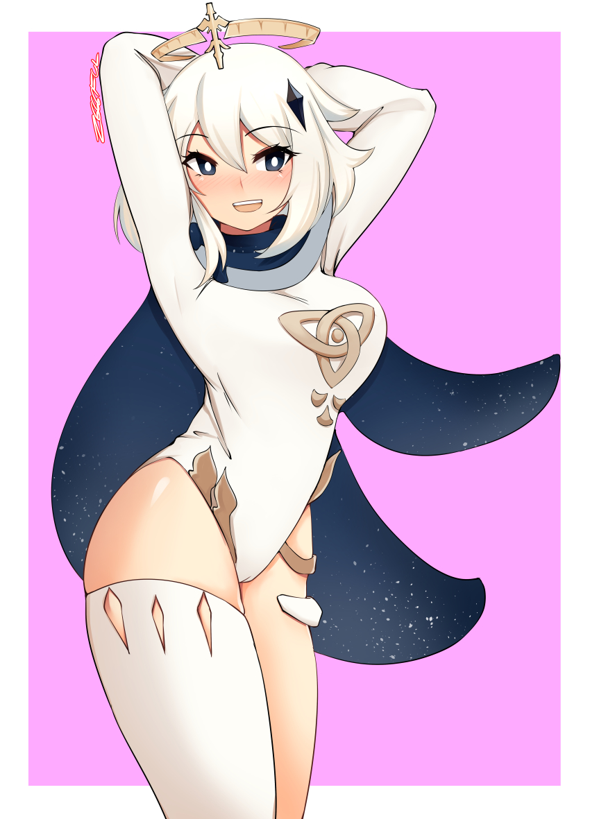 1girl, absurdres, alternate_breast_size, arms_behind_head, artist_name, blue_eyes, blush, breasts