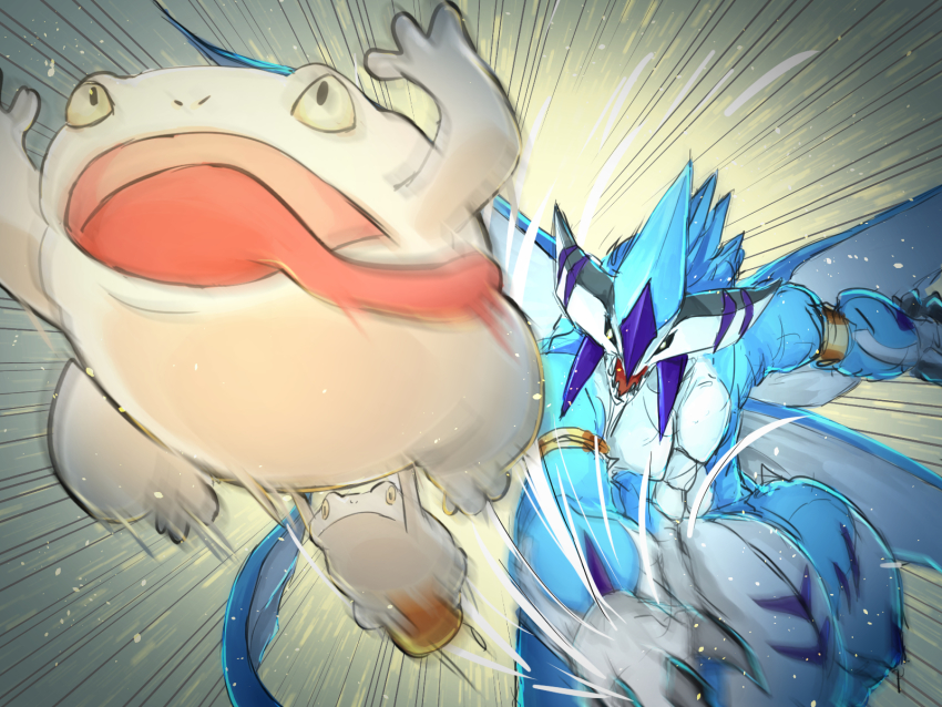 bahamut_shark, duel_monster, fangs, food, frog, fruit, gameplay_mechanics, highres, mandarin_orange, motion_blur, motion_lines, no_humans, throwing, toadally_awesome, tongue, tongue_out, yasososu, yu-gi-oh!