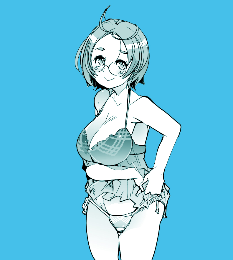 1girl, ahoge, amies_ernest, armpit_peek, blue_background, blush, breasts, cleavage, clothes_pull, glasses, large_breasts, looking_up, monochrome, panties, plump, round_eyewear, short_hair, skirt, skirt_pull, smile, solo, super_robot_wars, super_robot_wars_t, uchiuchi_keyaki, underwear, underwear_only