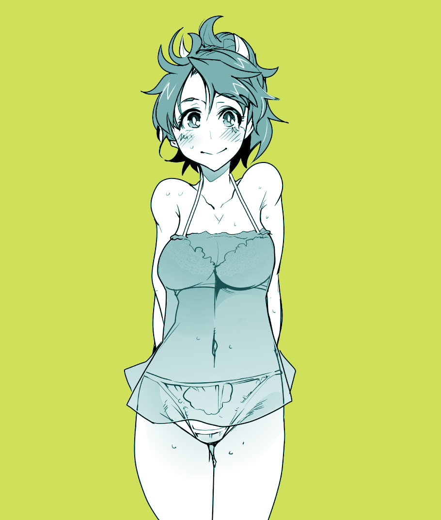 1girl, arms_behind_back, blush, bra, breasts, cleavage, covered_navel, cropped_legs, embarrassed, green_background, hair_between_eyes, lingerie, monochrome, panties, ramy_amasaki, solo, super_robot_wars, super_robot_wars_t, sweat, uchiuchi_keyaki, underwear, underwear_only