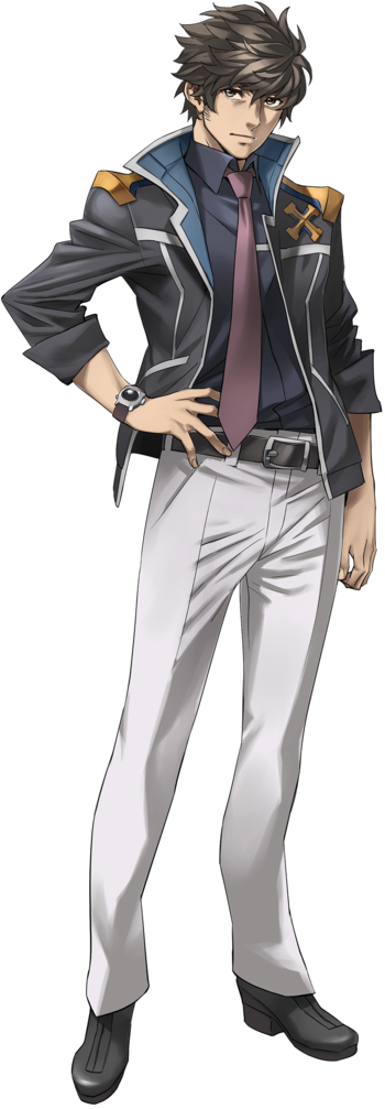 1boy, belt, black_belt, black_footwear, black_jacket, brown_eyes, brown_hair, full_body, hand_on_own_hip, jacket, looking_to_the_side, male_focus, necktie, nishieda, official_art, pants, purple_necktie, shirt_tucked_in, solo, standing, super_robot_wars, super_robot_wars_t, tokito_saizo, transparent_background, white_pants