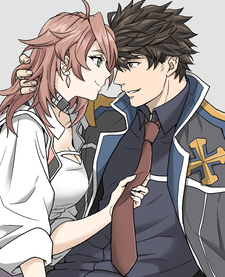 1boy, 1girl, black_jacket, blue_shirt, breasts, brown_eyes, brown_hair, cleavage