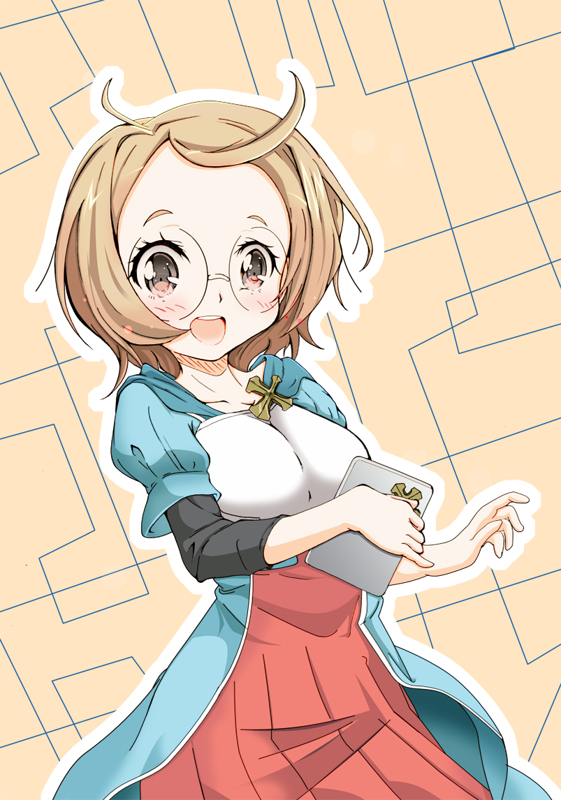 1girl, ahoge, amies_ernest, blue_jacket, blush, breasts, brown_hair, collarbone