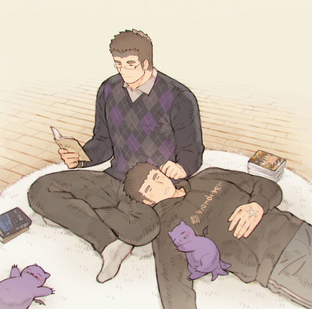 2boys, alternate_costume, bad_id, bad_pixiv_id, bara, black_hair, black_hoodie, black_sweater