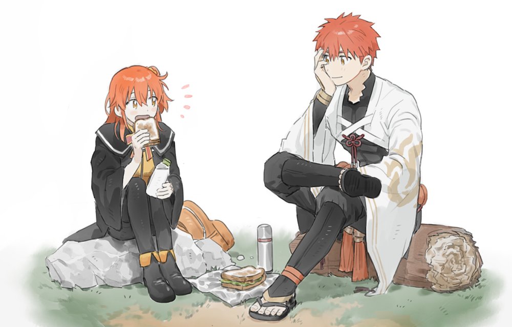 1boy, 1girl, bottle, cczyjs, eating, fate/grand_order, fate_(series), food