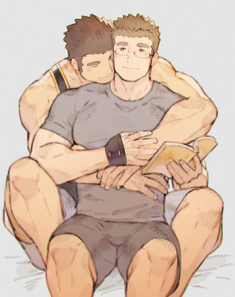 2boys, alternate_costume, bad_id, bad_pixiv_id, bara, bare_arms, bare_shoulders, black_hair