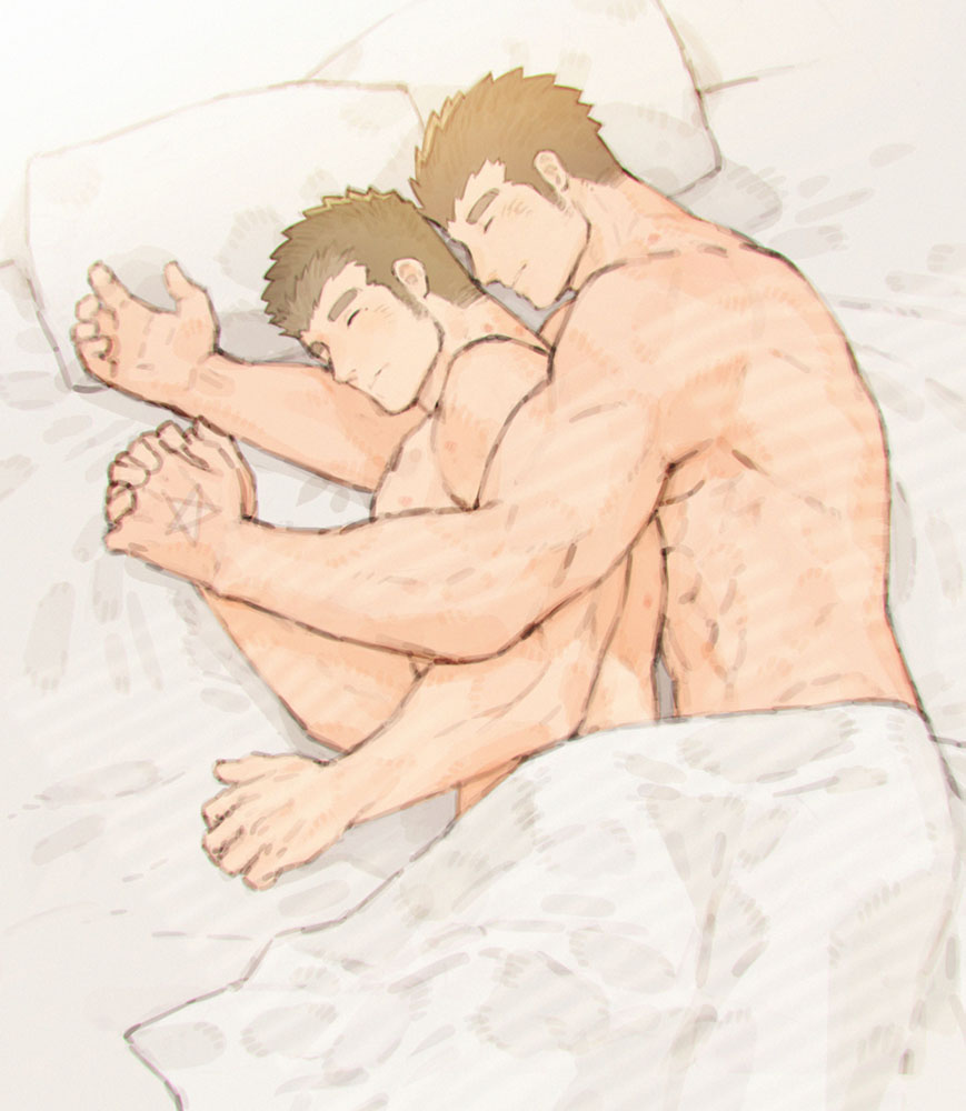 2boys, abs, bad_id, bad_pixiv_id, bara, black_hair, blanket, blush