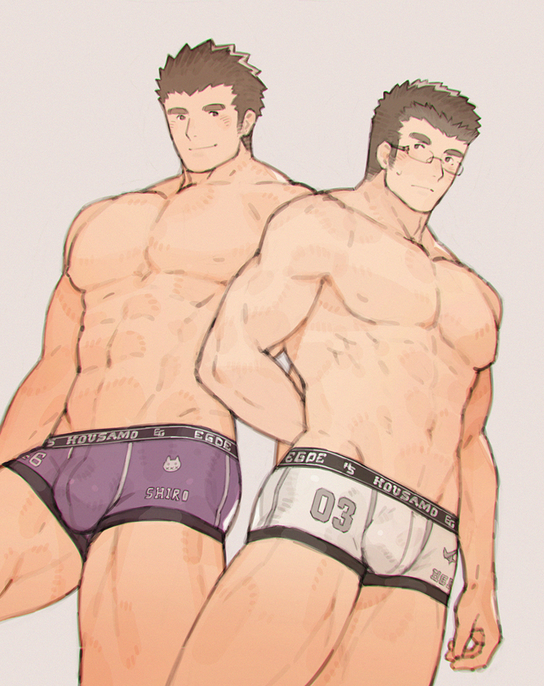 2boys, abs, ass_grab, bad_id, bad_pixiv_id, bara, black_hair, blush, boxer_briefs, brown_hair, bulge, character_name, chataro1412, clothes_writing, couple, cowboy_shot, feet_out_of_frame, glasses, large_pectorals, looking_at_another, male_focus, male_underwear, male_underwear_writing, motoori_shiro, multiple_boys, muscular, muscular_male, navel, nipples, pectorals, print_boxer_briefs, print_clothes, print_male_underwear, print_underwear, protagonist_3_(housamo), purple_boxer_briefs, purple_male_underwear, rimless_eyewear, short_hair, smile, sweatdrop, thick_eyebrows, thick_thighs, thighs, tokyo_houkago_summoners, topless_male, underwear, underwear_only, underwear_writing, white_boxer_briefs, white_male_underwear, yaoi