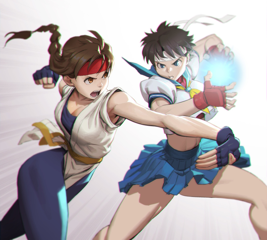 2girls, absurdres, blue_sailor_collar, braid, brown_eyes, brown_hair, capcom, crossover, dougi, fingerless_gloves, gloves, hadouken, headband, highres, kasugano_sakura, long_hair, loped, midriff, multiple_girls, ryuuko_no_ken, sailor_collar, school_uniform, serafuku, short_hair, single_braid, skin_tight, skirt, snk, spandex, street_fighter, the_king_of_fighters, thighs, yuri_sakazaki