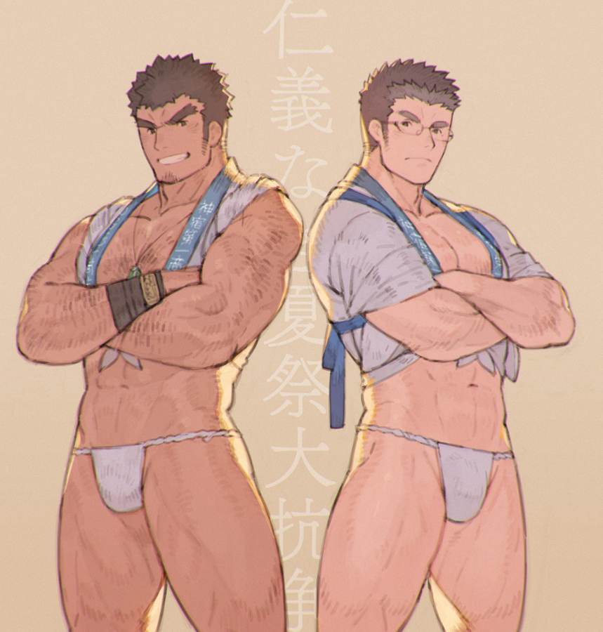 2boys, abs, alternate_costume, arm_hair, bad_id, bad_pixiv_id, bara, bare_pectorals