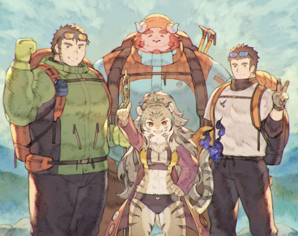 1girl, 3boys, alternate_costume, animal_ears, aqua_jacket, bad_id, bad_pixiv_id, bara