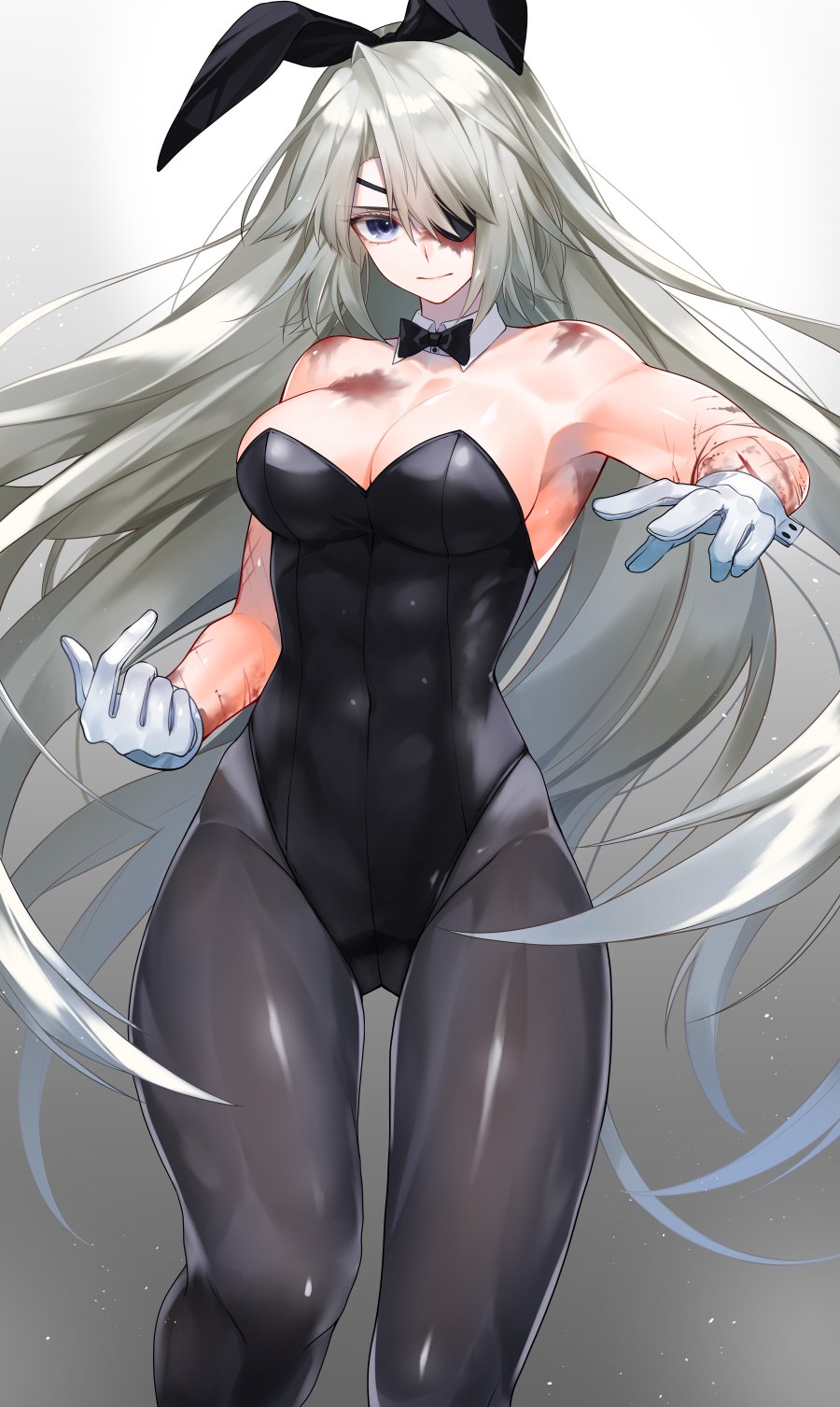 1girl, animal_ears, bare_shoulders, bow, bowtie, breasts, cleavage, commentary_request