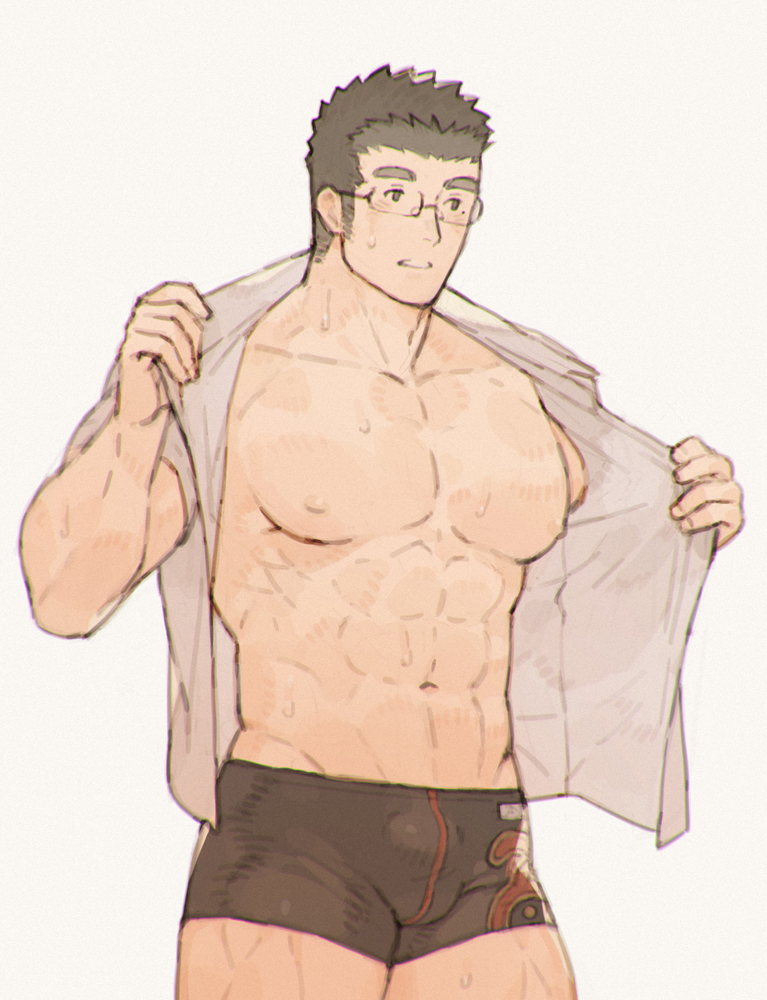 1boy, abs, alternate_costume, bad_id, bad_pixiv_id, bara, bare_pectorals, black_hair
