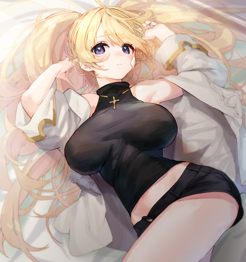 1girl, absurdres, bandaid, bandaid_on_face, bed, bed_sheet, black_shorts, blonde_hair