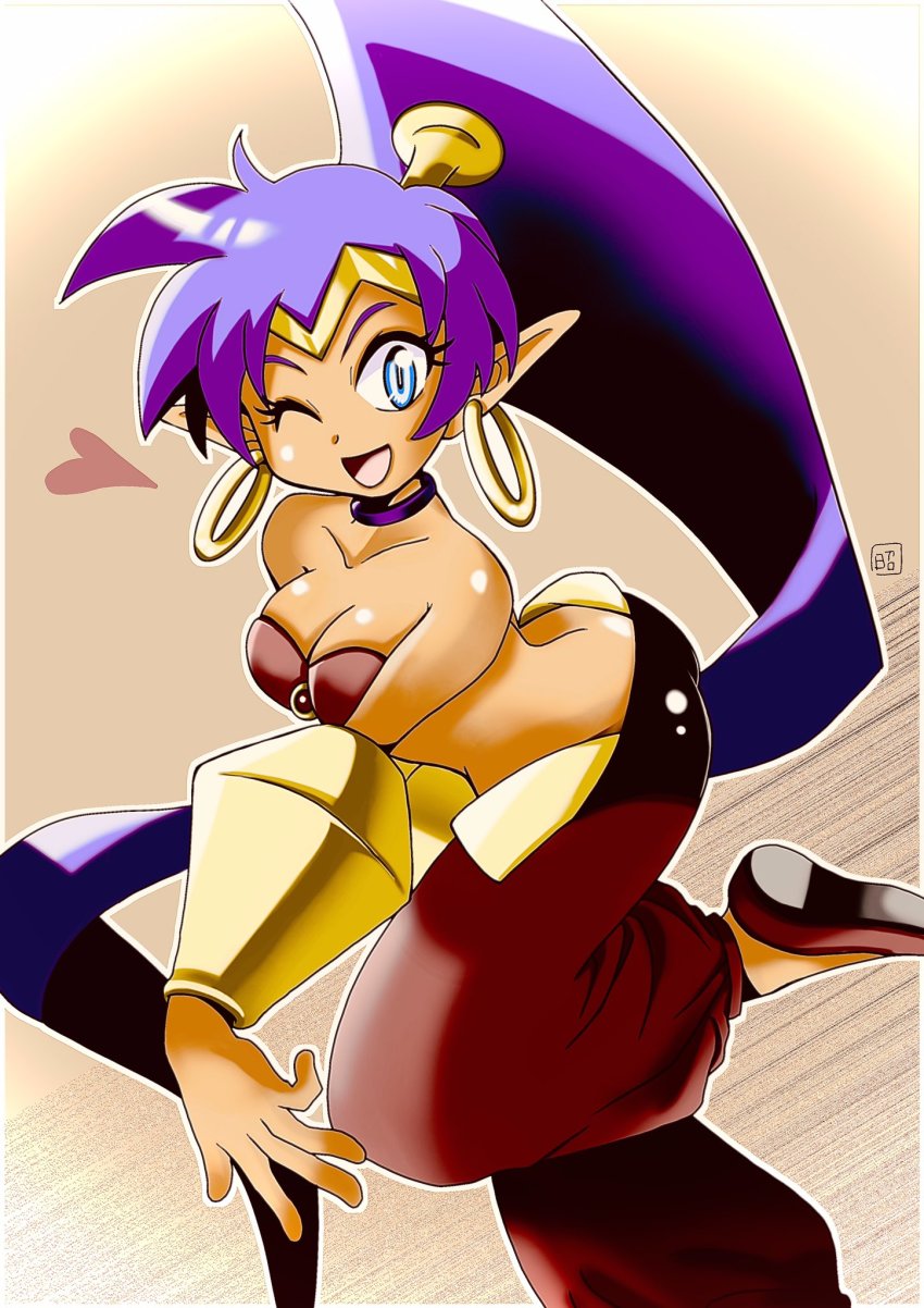 arabian_clothes, bandeau, bracer, cutlass, dark-skinned_female, dark_skin, earrings, forehead_jewel, harem_pants, highres, hoop_earrings, jewelry, okobore_de_shou, pants, pointy_ears, pointy_shoes, purple_hair, shantae, shantae_(series), shoes, solo, tiara