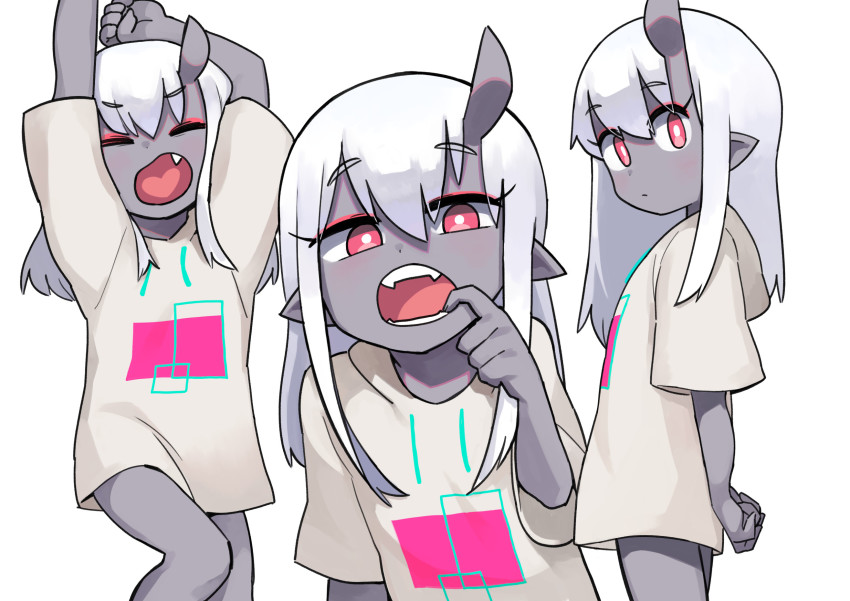 1girl, arms_up, brown_hoodie, closed_eyes, closed_mouth, colored_skin, commentary, english_commentary, fangs, finger_in_own_mouth, grey_skin, hair_between_eyes, highres, hood, hood_down, hoodie, horns, lakilolom, long_hair, looking_at_viewer, multiple_views, nanashi_(zutomayo), open_mouth, pointy_ears, red_eyes, short_sleeves, silver_hair, simple_background, single_horn, teeth, upper_teeth_only, white_background, zutto_mayonaka_de_ii_no_ni