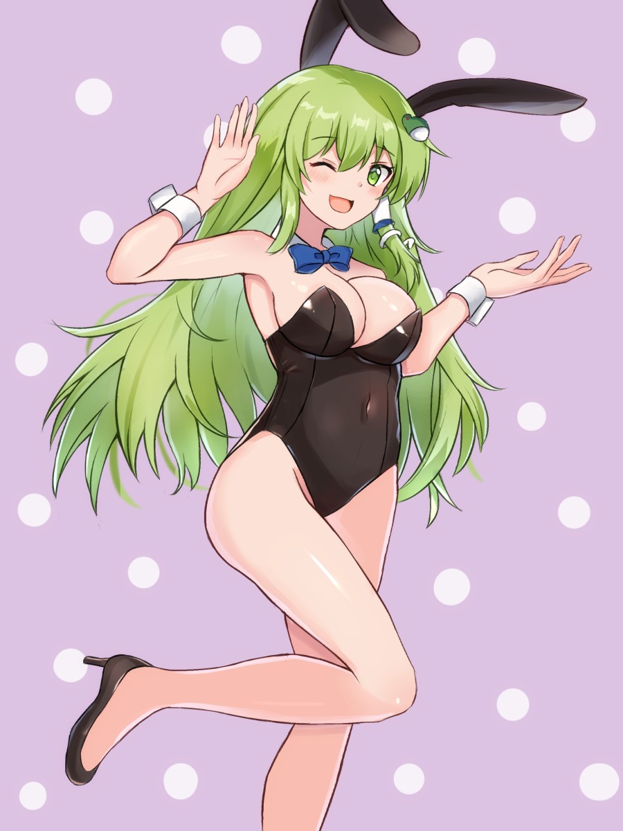 1girl, animal_ears, bare_legs, black_leotard, blue_bow, bow, bowtie, breasts