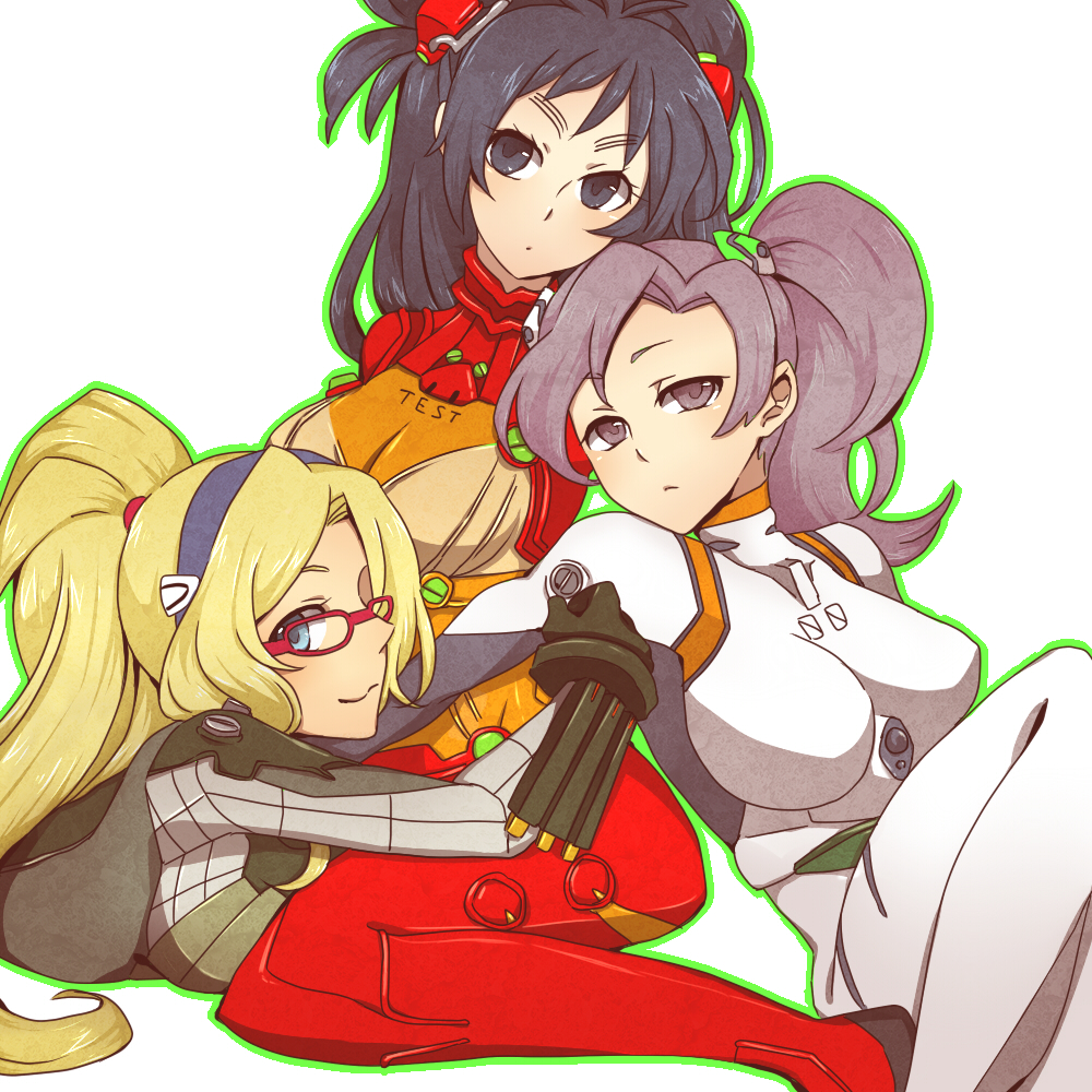 3girls, ayabe_kihachirou, ayanami_rei, ayanami_rei_(cosplay), bad_id, bad_pixiv_id, black_eyes, blonde_hair, blue_eyes, bodysuit, breasts, cleavage, cosplay, evangelion:_2.0_you_can_(not)_advance, glasses, grey_eyes, grey_hair, kukuchi_heisuke, makinami_mari_illustrious, makinami_mari_illustrious_(cosplay), mecha_pilot_suit, monmonji, multiple_girls, neon_genesis_evangelion, plugsuit_(cosplay), plugsuit_(evangelion), rakudai_ninja_rantarou, rebuild_of_evangelion, saitou_takamaru, see-through_cleavage, see-through_clothes, souryuu_asuka_langley_(cosplay), test_plugsuit_(evangelion)