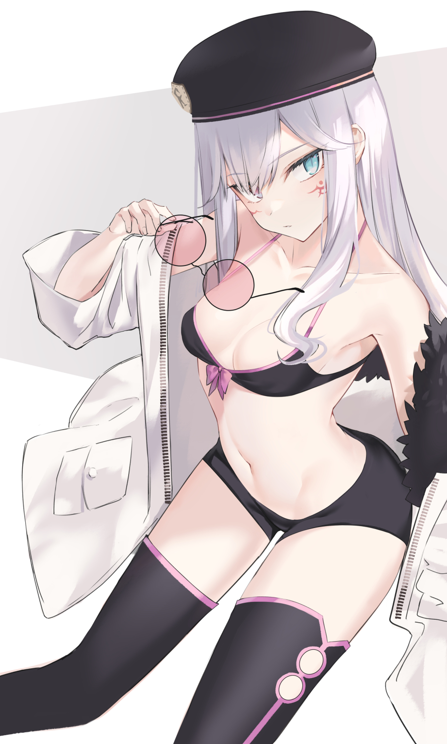 1girl, armpits, bare_shoulders, beret, bikini, bikini_top_only, black_bikini, black_hat