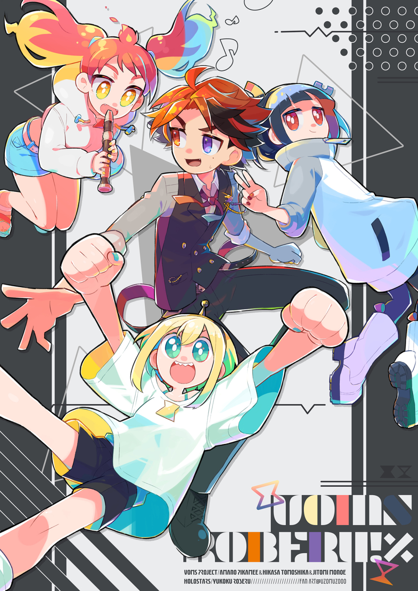 1boy, 3girls, ahoge, amano_pikamee, amano_pikamee_(1st_costume), belt, blonde_hair, blue_eyes