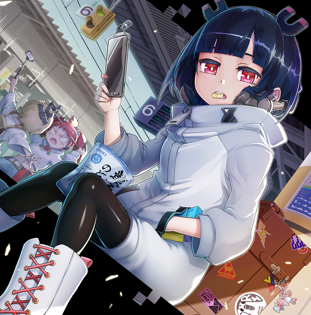 3girls, amano_pikamee, bag, belt, black_hair, blonde_hair, cellphone, headphones