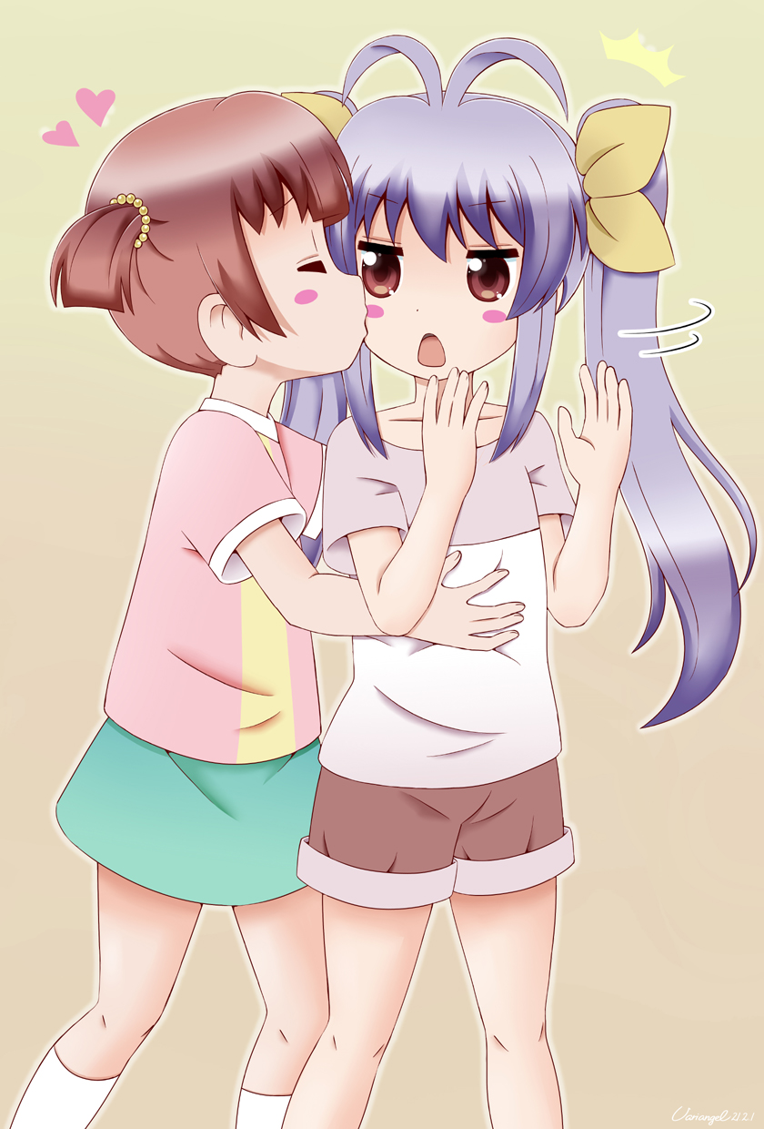 2girls, antenna_hair, artist_name, blush_stickers, bow, brown_eyes, kissing_cheek, child