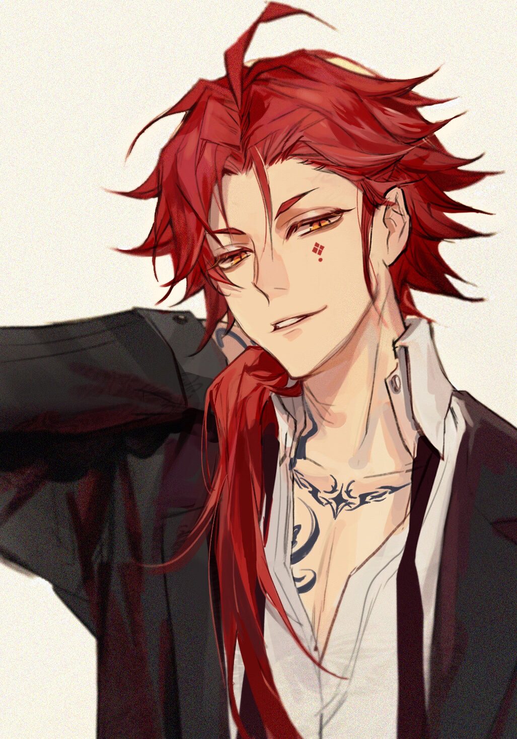 1boy, chest_tattoo, collarbone, facial_mark, film_grain, hair_between_eyes, hand_tattoo, highres