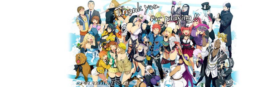 6+boys, 6+girls, :o, ^_^, all_fours, amanomiya_ayame, arm_on_another's_shoulder, ass, bertha_bernstein, black_lips, blonde_hair, blue_hair, blue_neckwear, blue_shirt, breasts, brown_hair, character_request, cleavage, clenched_hand, closed_eyes, collared_shirt, copyright_name, dark-skinned_male, dark_skin, dog, dorte_driessen, drill_hair, elmel_erkin, everyone, faceless, faceless_male, floria_frank, formal_clothes, glasses, green_eyes, gunila_groener, hand_fan, hand_in_pocket, holding, holding_fan, huge_breasts, inui_asahi, inui_honoka, kun_in'ye, leaning_forward, long_hair, looking_up, midriff, milleu_just, multicolored_hair, multiple_boys, multiple_girls, navel, necktie, negative_space, official_art, olive_oppert, one_eye_closed, open_mouth, orange_hair, pink_hair, purple_hair, red_hair, shirt, shizuki_shizukawa, side_ponytail, streaked_hair, suit, sunglasses, super_robot_wars, super_robot_wars_x-omega, sword, thank_you, twintails, v, watanabe_wataru_(character_designer), waving, weapon, wooden_sword, yellow_eyes, ziggy_star