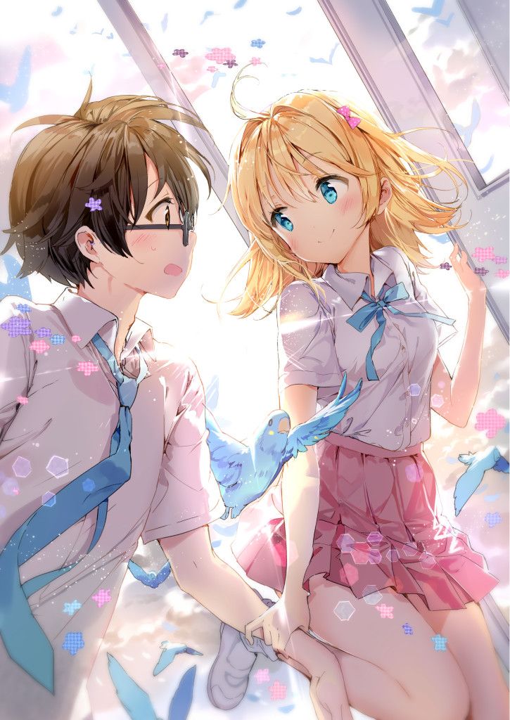 1boy, 1girl, ahoge, anmi, bird, blonde_hair, blue_eyes, bow