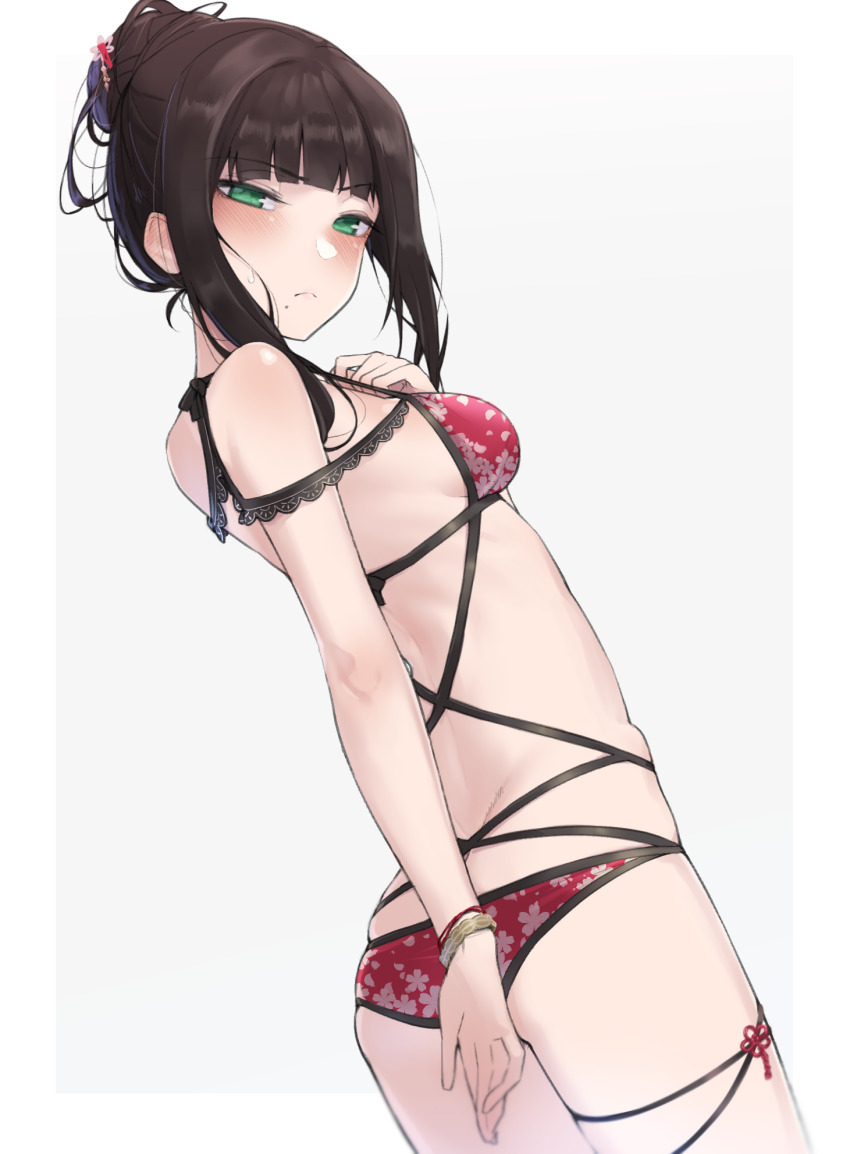 1girl, :<, ass, bare_shoulders, bikini, blunt_bangs, blush, border