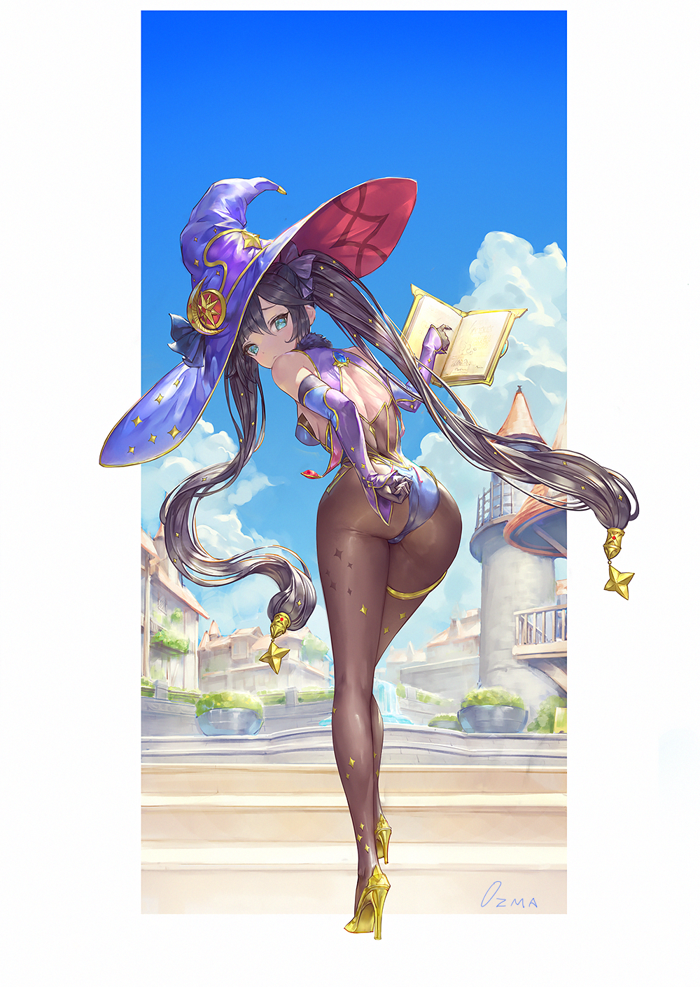 1girl, adjusting_clothes, adjusting_leotard, aqua_eyes, artist_name, ass, black_hair, black_pantyhose, blush, book, breasts, building, closed_mouth, crescent, crescent_pin, detached_sleeves, floating, floating_book, floating_object, fountain, from_behind, full_body, fur_collar, genshin_impact, hat, hat_ornament, high_heels, highres, jewelry, leaning_forward, leotard, long_hair, long_sleeves, looking_at_viewer, looking_back, medium_breasts, mona_(genshin_impact), open_book, ozma, pantyhose, purple_hat, purple_leotard, shoes, sideboob, solo, stairs, thighlet, tower, town, twintails, very_long_hair, witch_hat, yellow_shoes