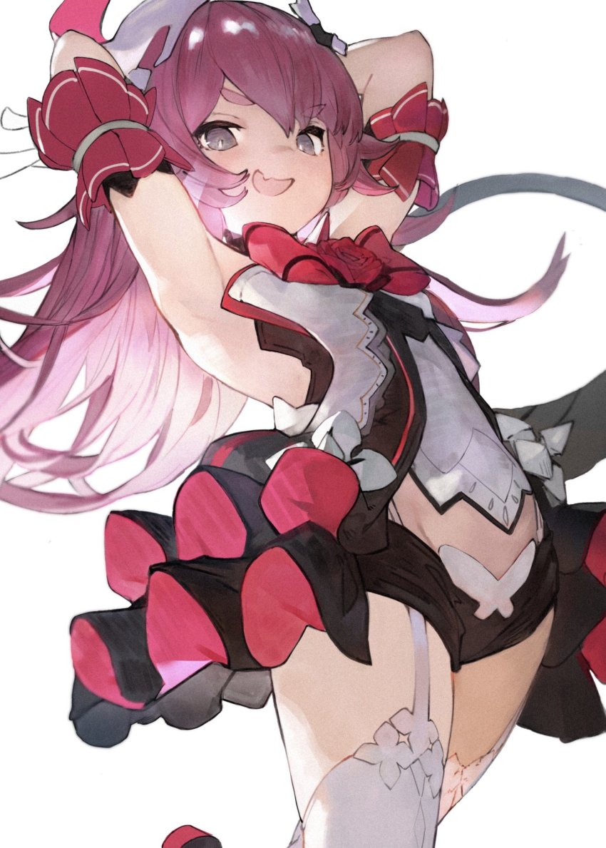 1girl, armpits, arms_up, bow, bowtie, dress, fang, frills