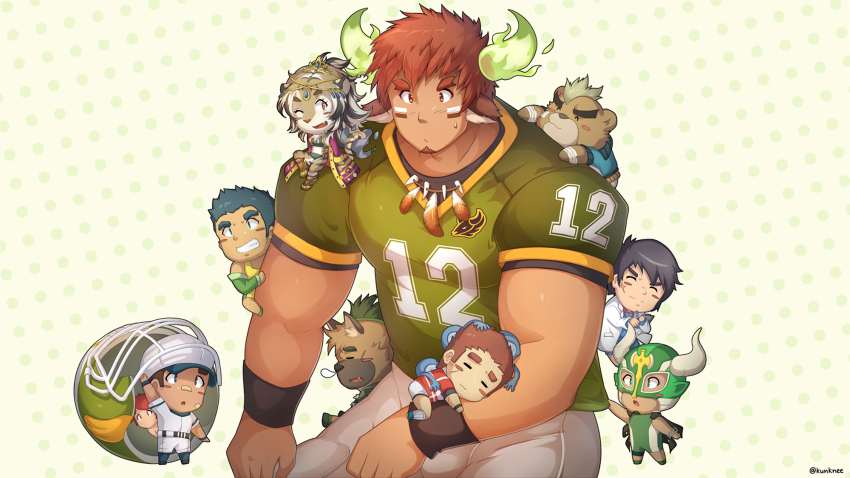 1girl, 6+boys, american_football_uniform, animal_ears, ashigara_(housamo), bara, bear_boy, bear_ears