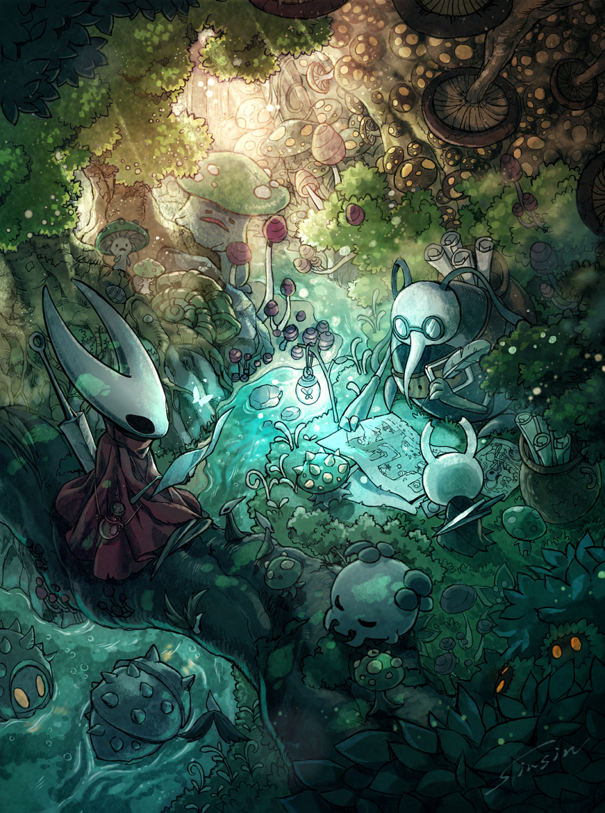 ambloom_(hollow_knight), black_cloak, bottle, cape, cloak, cornifer, durandoo_(hollow_knight), feathers, from_behind, fungling_(hollow_knight), glasses, highres, hollow_knight, hornet_(hollow_knight), knight_(hollow_knight), long_nose, mamoru_mikokoro, map, maskfly_(hollow_knight), mosscreep_(hollow_knight), mushroom, nail_(hollow_knight), nature, needle_(hollow_knight), no_humans, pot, red_cloak, rock, scroll, shrumal_ogre_(hollow_knight), shrumal_warrior_(hollow_knight), shrumeling_(hollow_knight), signature, sitting, spikes, sunlight, tree, water, weapon