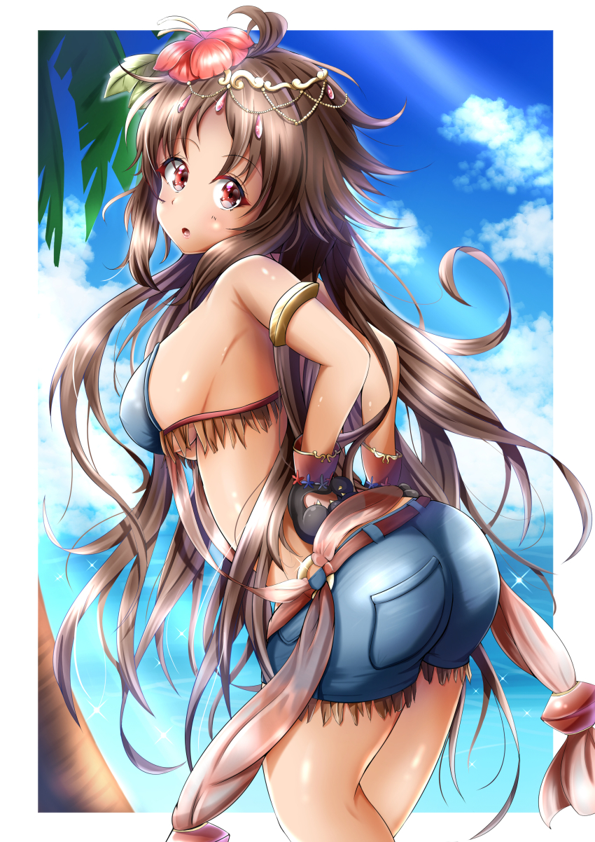 1girl, :o, absurdres, ahoge, animal_hands, arms_behind_back, bare_shoulders, beach