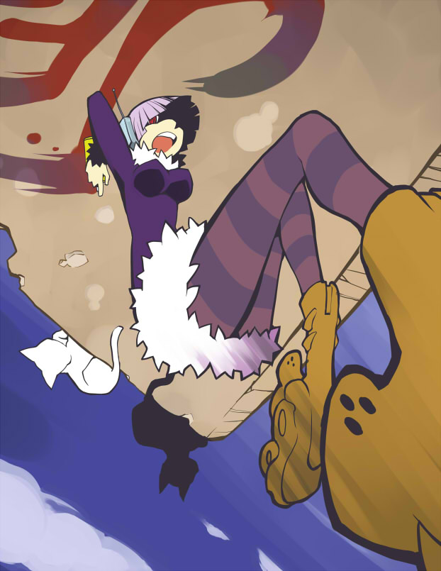 1girl, bis_(jsr), dowman_sayman, falling, from_below, jet_set_radio, mekabu-chan, mew_(jsr), pantyhose, purple_hair, purple_pantyhose, red_eyes, sega, striped_clothes, striped_pantyhose