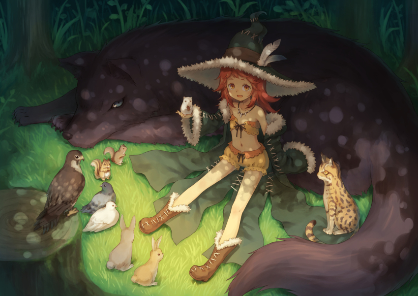 104_(luins104), 1girl, animal, bare_legs, bird, boots, coat, crop_top