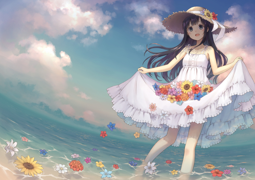 104_(luins104), 1girl, bare_arms, bare_legs, bare_shoulders, barefoot, beach, bow