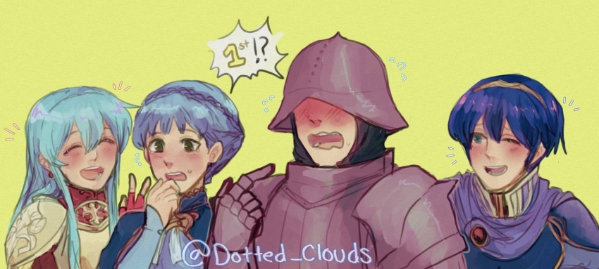 2boys, 2girls, aqua_hair, armor, blue_hair, blush, dotted_clouds, eirika_(fire_emblem), fire_emblem, fire_emblem:_mystery_of_the_emblem, fire_emblem:_the_sacred_stones, fire_emblem:_three_houses, fire_emblem_heroes, full_armor, gatekeeper_(fire_emblem), helm, helmet, highres, long_hair, marianne_von_edmund, marianne_von_edmund_(timeskip), marth_(fire_emblem), multiple_boys, multiple_girls, nintendo, nose_blush, pointing, pointing_at_self, short_hair, twitter_username, upper_body, yellow_background