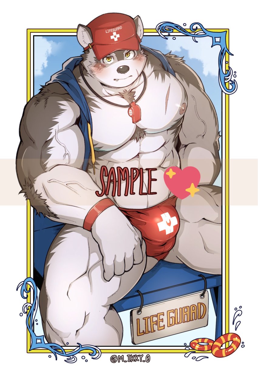 1boy, abs, alternate_costume, animal_ears, bara, bare_pectorals, bare_shoulders, blue_shirt, blush, border, bulge, chair, chest_hair, emoji, fang, feet_out_of_frame, furry, furry_male, grey_fur, grey_hair, highres, hood, hooded_jacket, horkeu_kamui, jacket, large_pectorals, lifeguard, lifeguard_chair, male_focus, male_swimwear, mikky, muscular, muscular_legs, muscular_male, navel, nipples, pectorals, red_male_swimwear, red_swim_briefs, sample_watermark, shirt, short_hair, sleeveless, sleeveless_jacket, solo, spread_legs, stomach, swim_briefs, swimsuit, tail, thighs, tokyo_houkago_summoners, two-tone_fur, watermark, whistle, whistle_around_neck, white_fur, wolf_boy, wolf_ears, wolf_tail, yellow_eyes