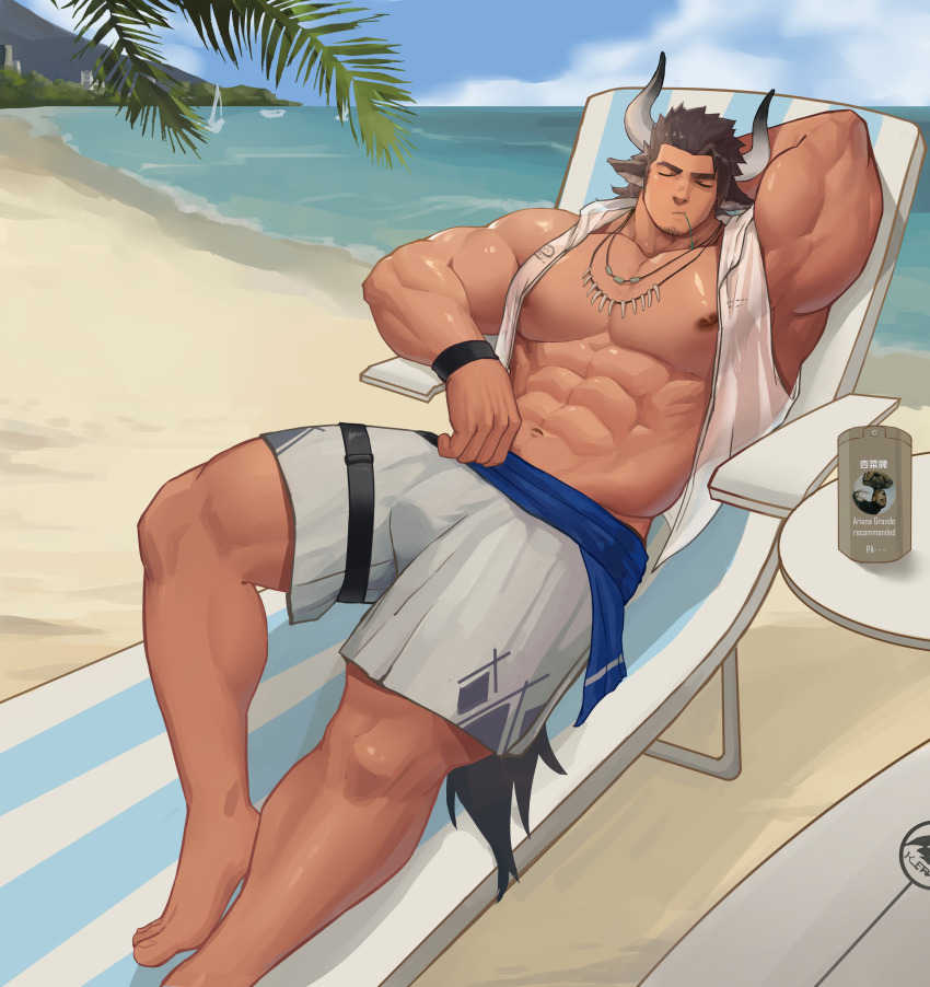 1boy, abs, absurdres, animal_ears, arknights, bara, bare_pectorals, beach