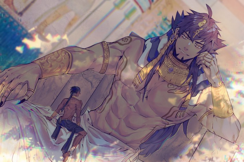 2boys, abs, alternate_costume, alternate_hair_length, alternate_hairstyle, ancient_egyptian_clothes, barefoot, black_hair, black_nails, bracer, chair, chiyo_(miichiyochin), commentary_request, dark-skinned_male, dark_skin, earrings, eyelashes, giant, giant_male, hand_up, highres, indoors, jewelry, leon_(pokemon), looking_down, male_focus, multiple_boys, nail_polish, nintendo, parted_lips, pokemon, pokemon_sword_and_shield, raihan_(pokemon), ring, sitting, size_difference, smile, tattoo, thumb_ring, topless_male