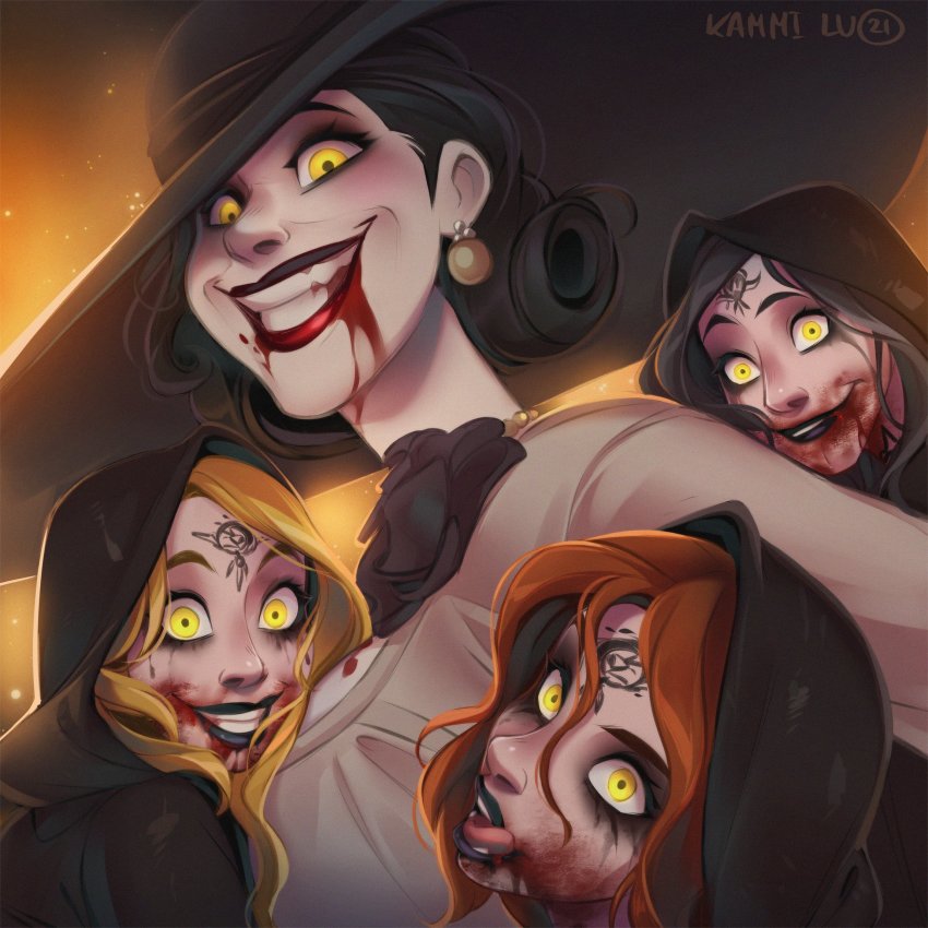 4girls, alcina_dimitrescu, artist_name, bela_dimitrescu, black_hair, black_lips, blonde_hair, blood, blood_on_face, cassandra_dimitrescu, cloak, crazy_eyes, crazy_smile, daniela_dimitrescu, earrings, facial_tattoo, hat, headwear_request, highres, hood, hooded_cloak, jewelry, kammi_lu, large_hat, lipstick, looking_at_viewer, makeup, multiple_girls, red_hair, resident_evil, resident_evil_village, smile, sun_hat, tattoo, vampire, yellow_eyes