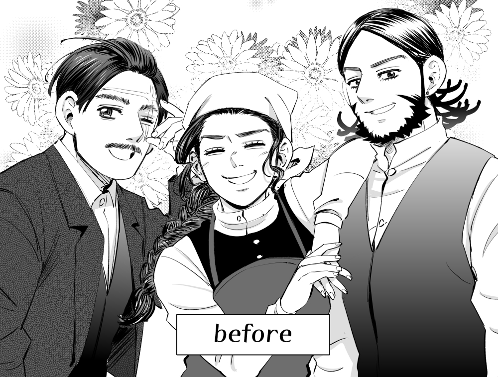 1girl, 2boys, ;d, ^_^, apron, beard, braid, business_suit